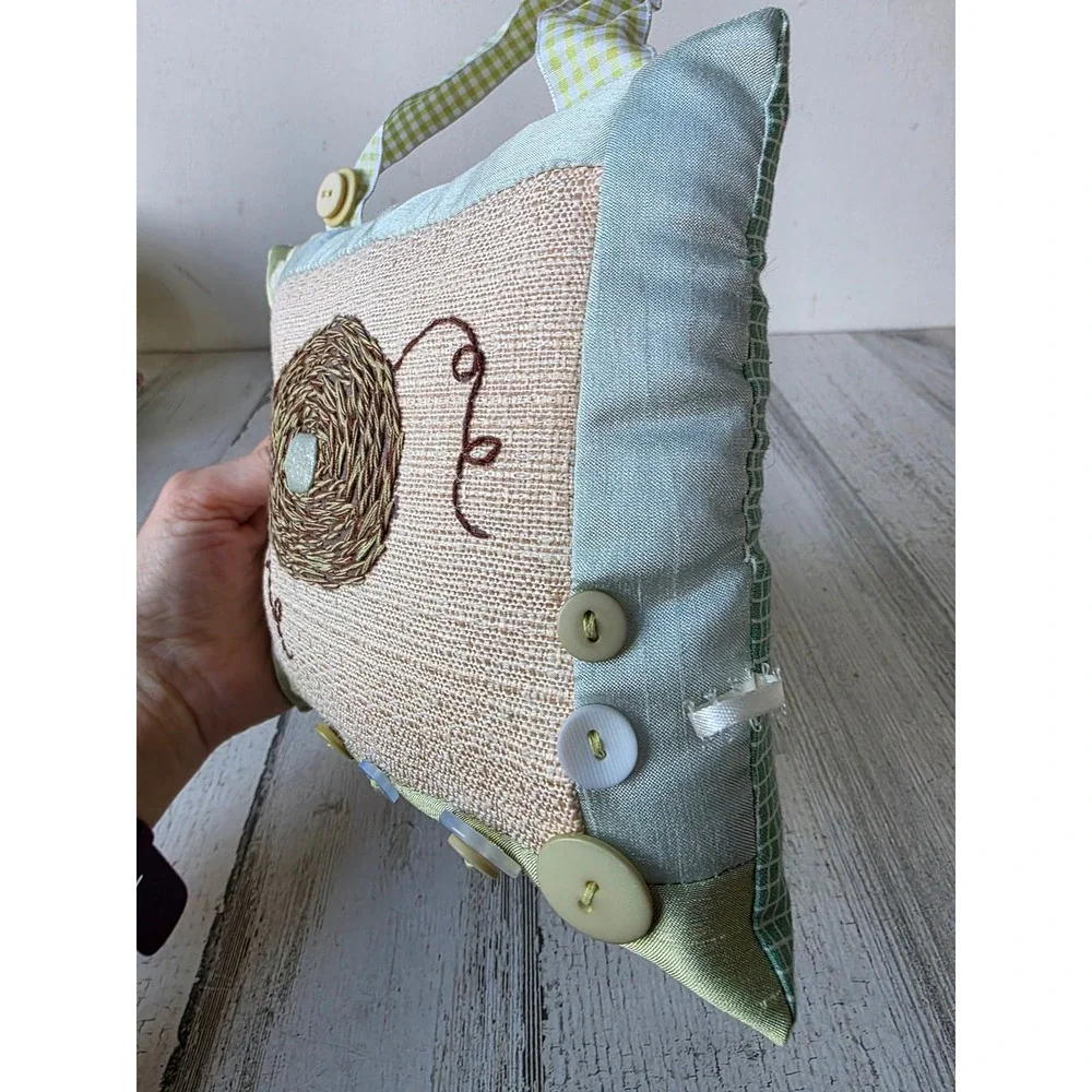 Vintage quilted Easter nest bird hanging green decor spring unique pillow